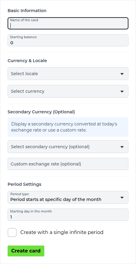 Screenshot: Create Card Form