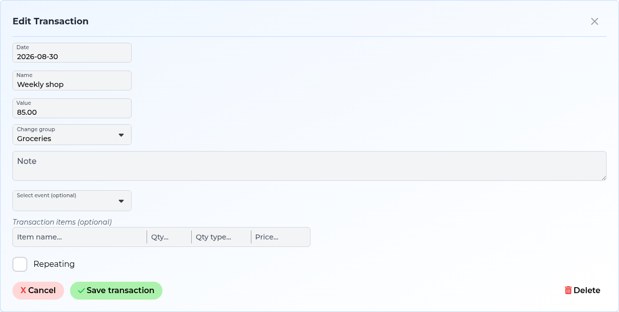 Screenshot: Edit transaction form