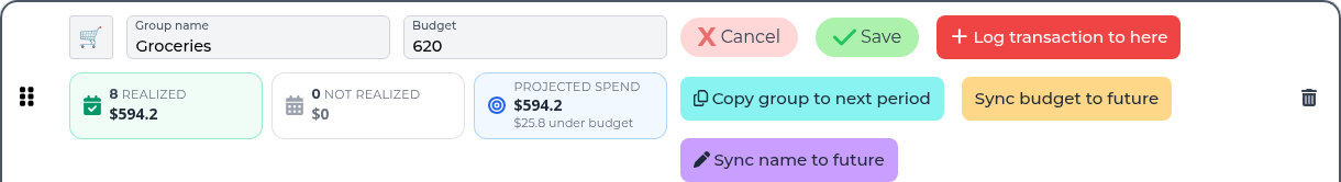 Screenshot: Group row opened for editing