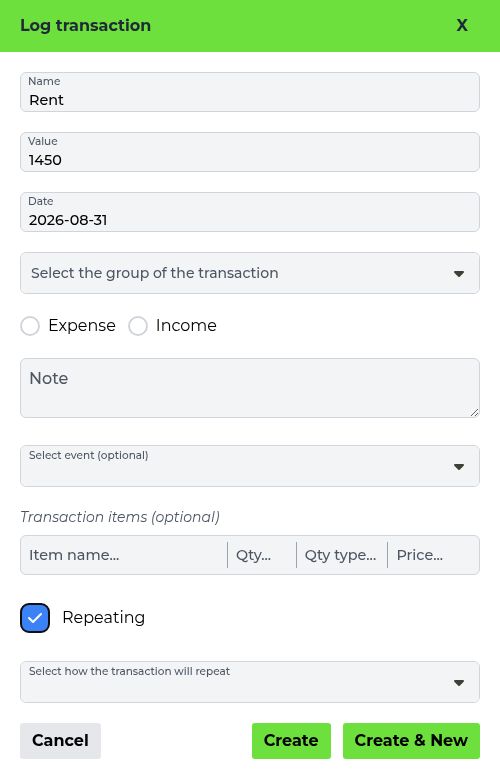 Screenshot: Repeat transaction