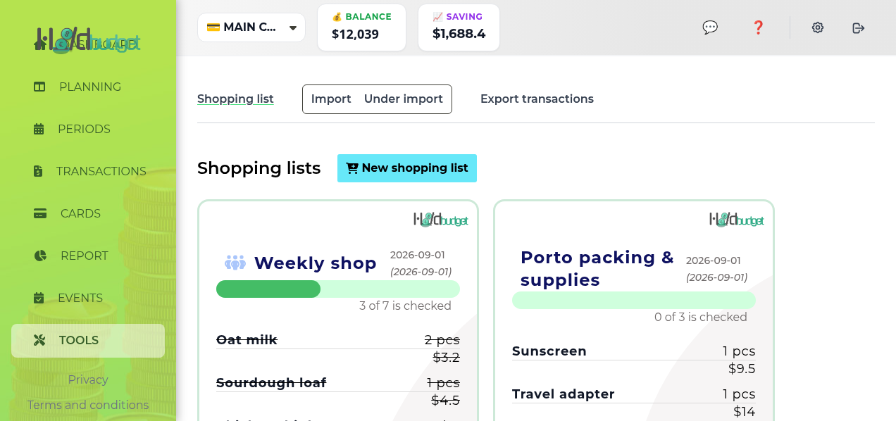 Screenshot: Shopping lists