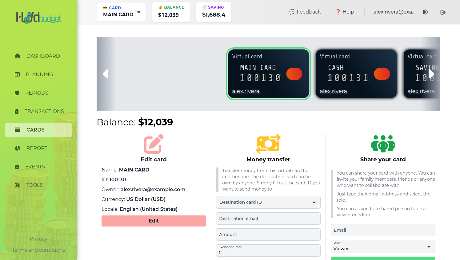 Screenshot: Virtual card overview